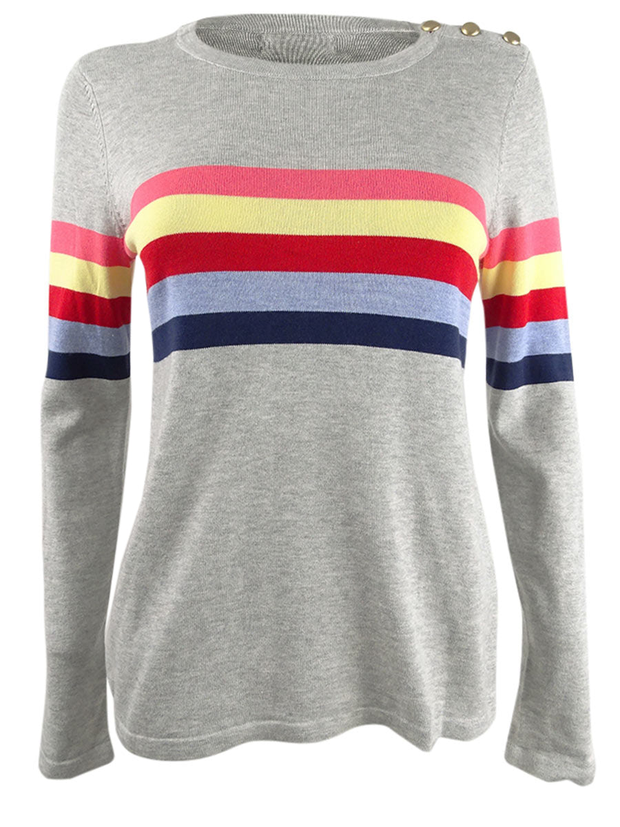 Charter Club Women's Shoulder Button Striped Sweater Gray Size Medium