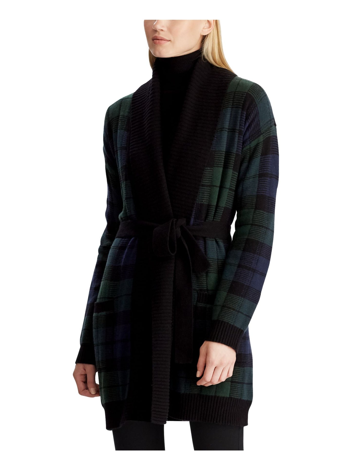 Ralph Lauren Women's Wool Blend Ribbed Trim Cardigan Sweater Black Size Large