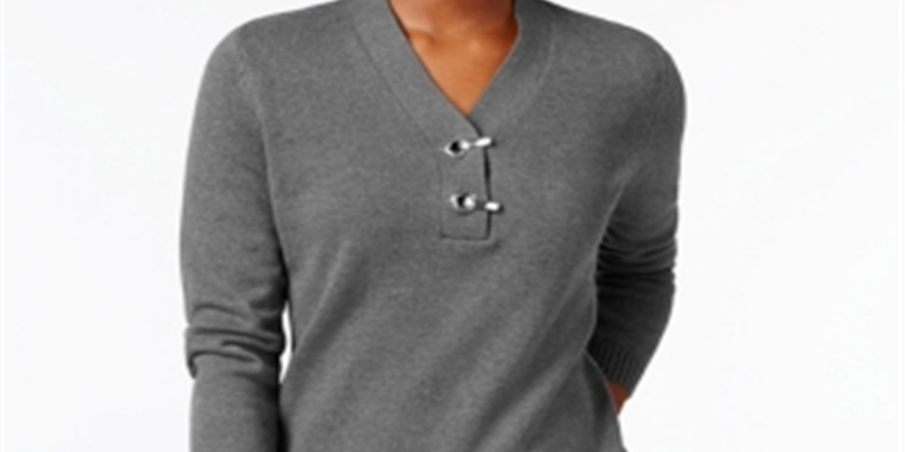 Karen Scott Women's Hardware V Neck Cotton Sweater Charcoal Size X-Small