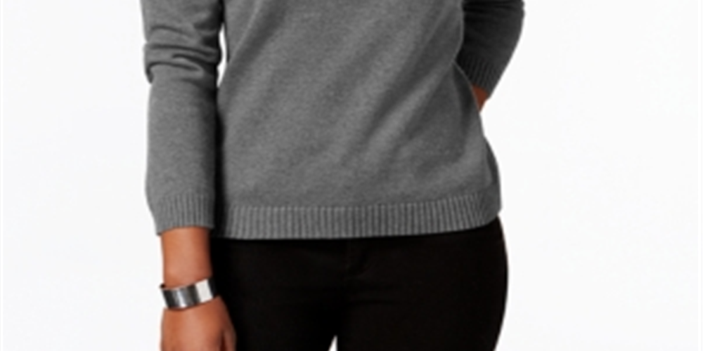 Karen Scott Women's Hardware V Neck Cotton Sweater Charcoal Size X-Small