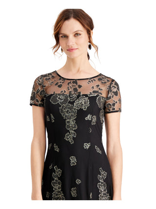 SLNY Women's Glitter Embellished Zippered Short Sleeve Jewel Neck MIDI Fit Flare Formal Dress Black Size 14