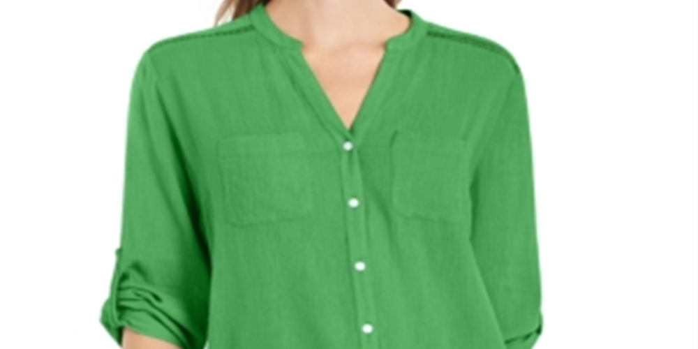 Charter Club Women's Roll Tab Button Down Top Green Size Medium