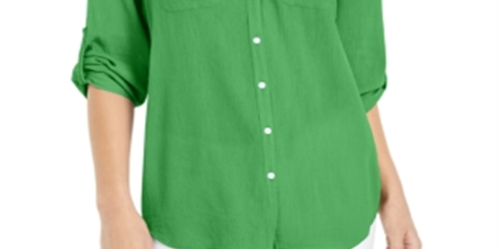 Charter Club Women's Roll Tab Button Down Top Green Size Medium