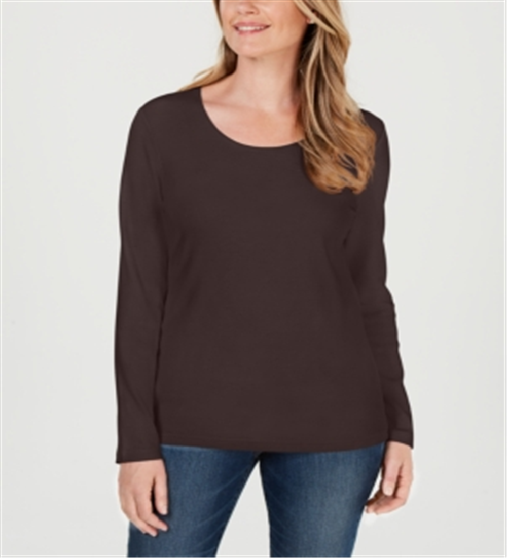 Karen Scott Women's Cotton Scoop Neck Top Chocolate Size Petite L