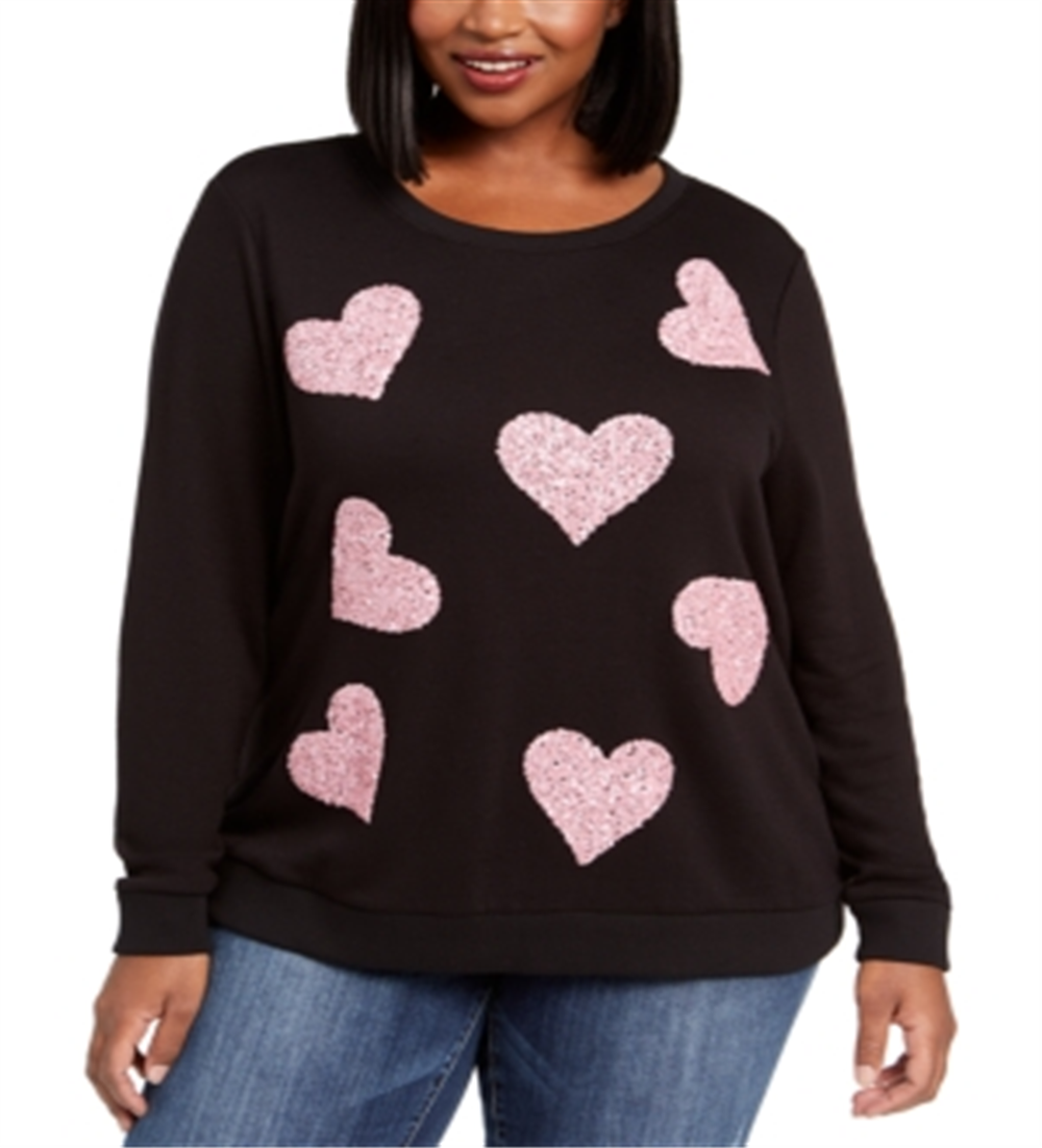 INC International Concepts Women's Plus Sequin Heart Sweatshirt Black Size 0X