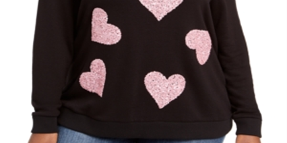 INC International Concepts Women's Plus Sequin Heart Sweatshirt Black Size 0X