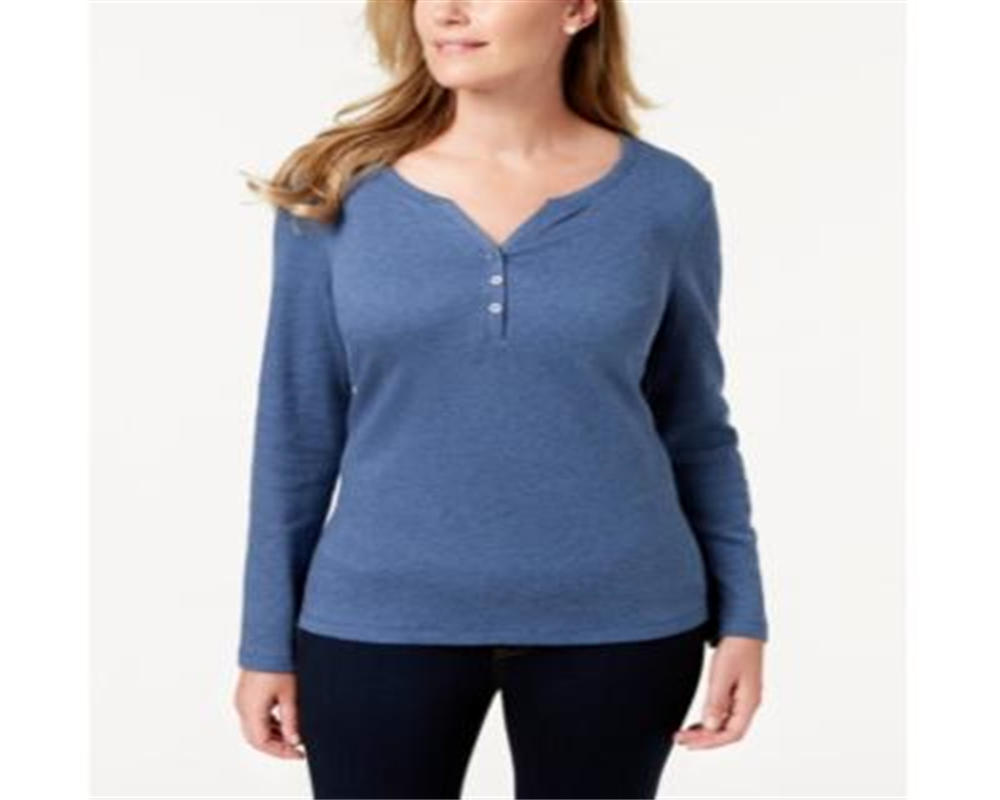 Karen Scott Women's Cotton Henley Top Blue Size Large