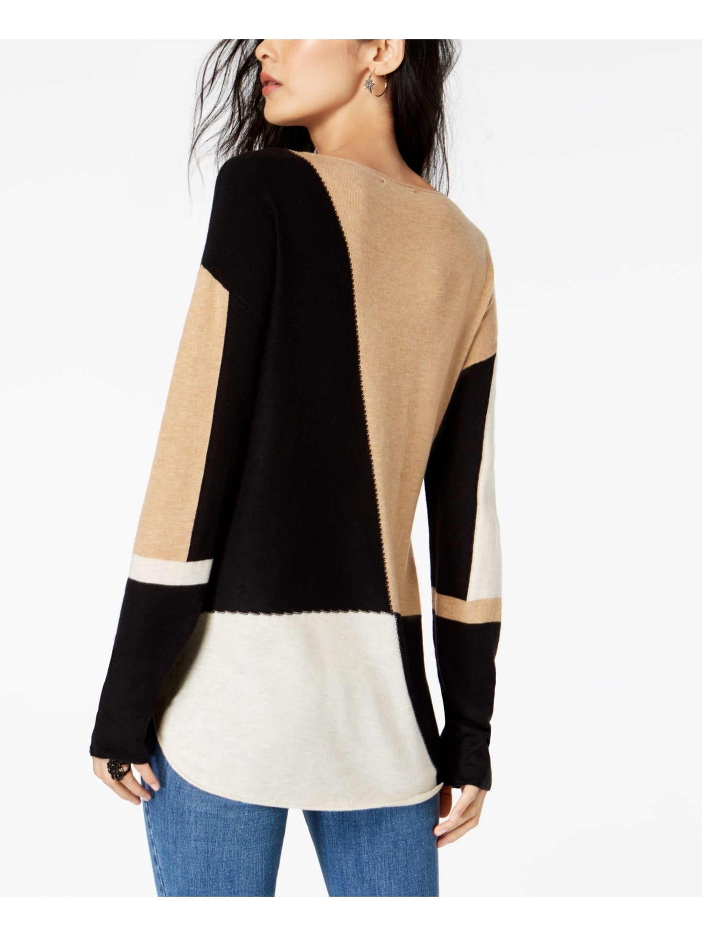 INC International Concepts Women's Color Block Long Sleeve Jewel Neck Sweater Brown Size Petite Large