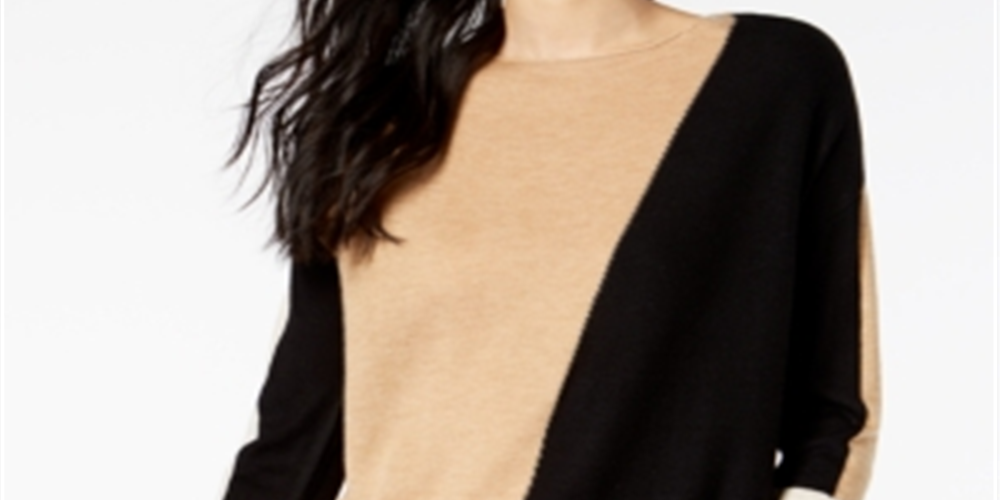 INC International Concepts Women's Color Block Long Sleeve Jewel Neck Sweater Brown Size Petite Large