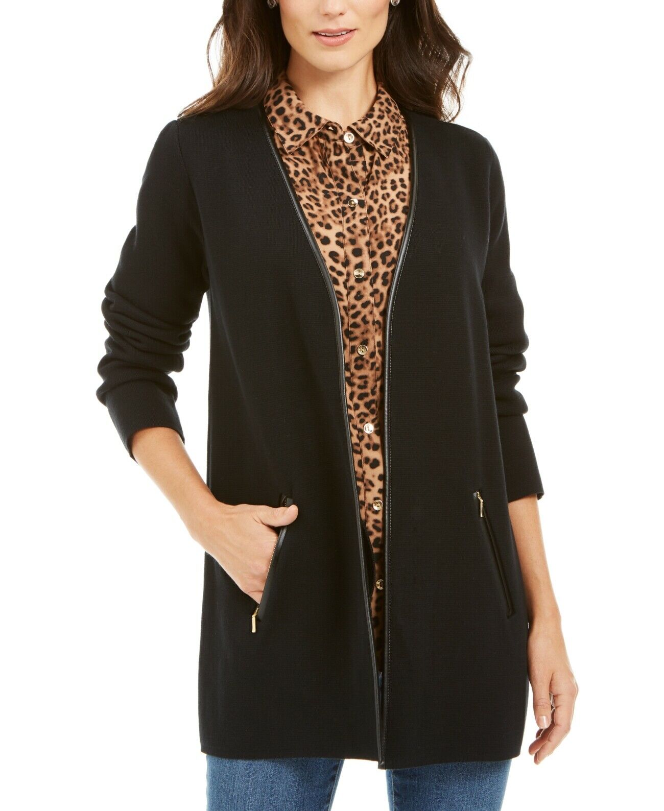 Charter Club Women's Open Front Zip Trim Cardigan Black Size XX-Large