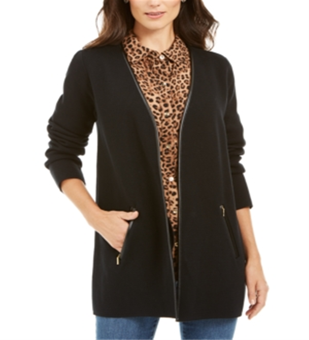 Charter Club Women's Open Front Zip Trim Cardigan Black Size XX-Large