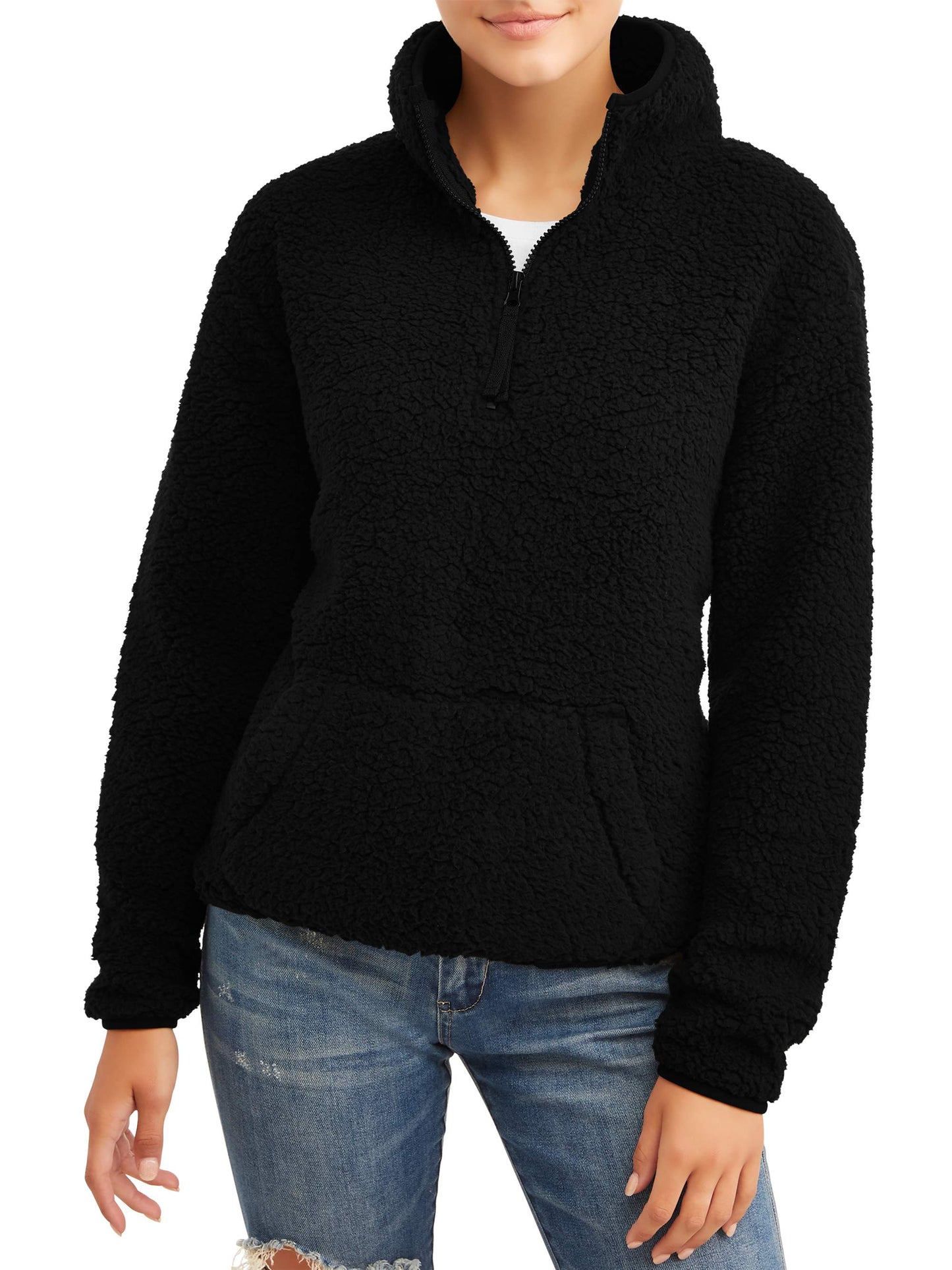 Planet Gold Junior's Quarter Zip Sherpa Pullover Sweater Black Size Small