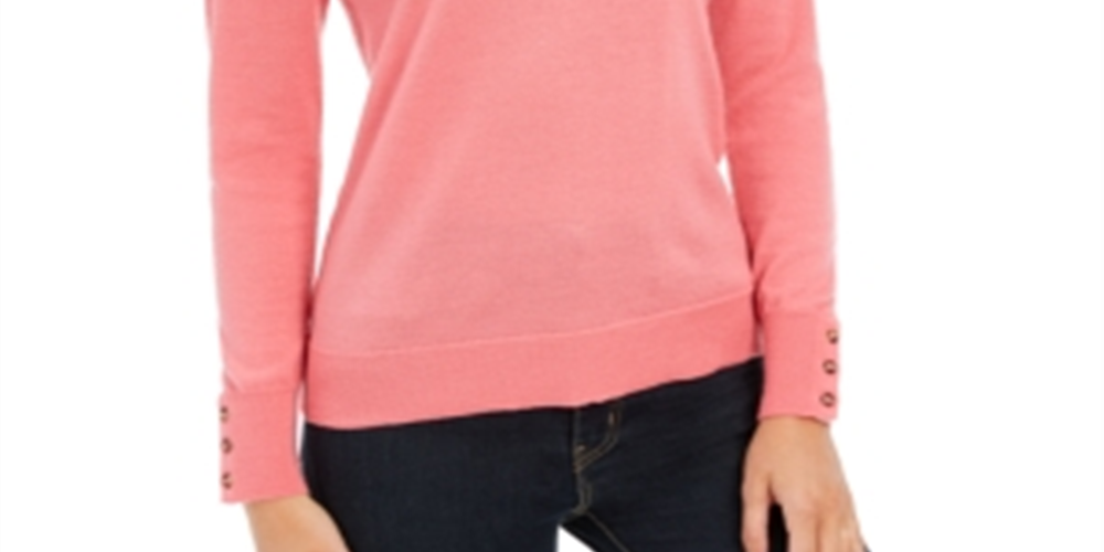 Charter Club Women's Button Cuff Merino Wool Sweater Pink Size Petite L