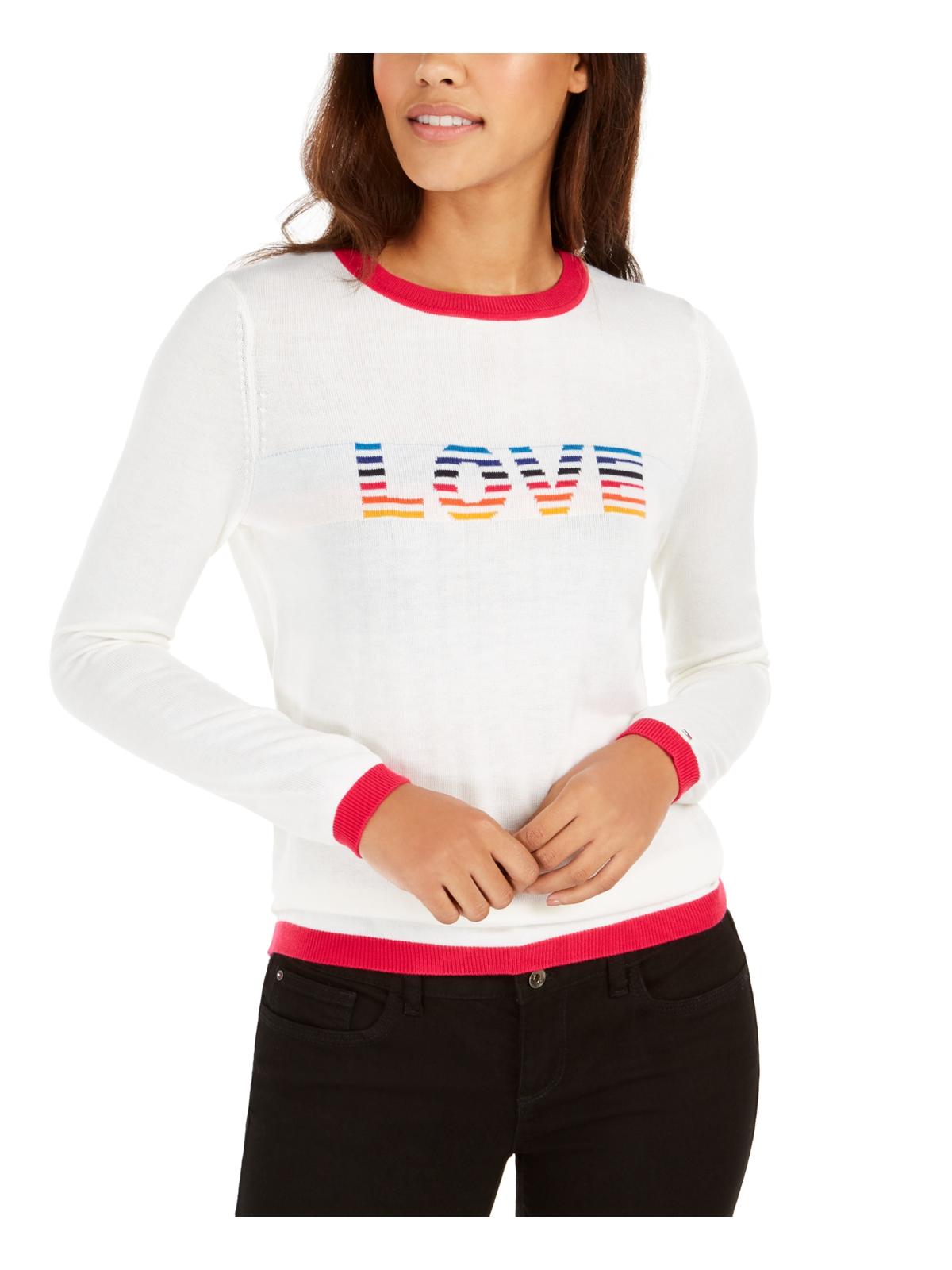 Tommy Hilfiger Women's Love Graphic Contrast Trim Pullover Sweater White Size Large