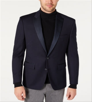 Ryan Seacrest Distinction Men's Modern Grid Pattern Dinner Jacket Blue Size 42