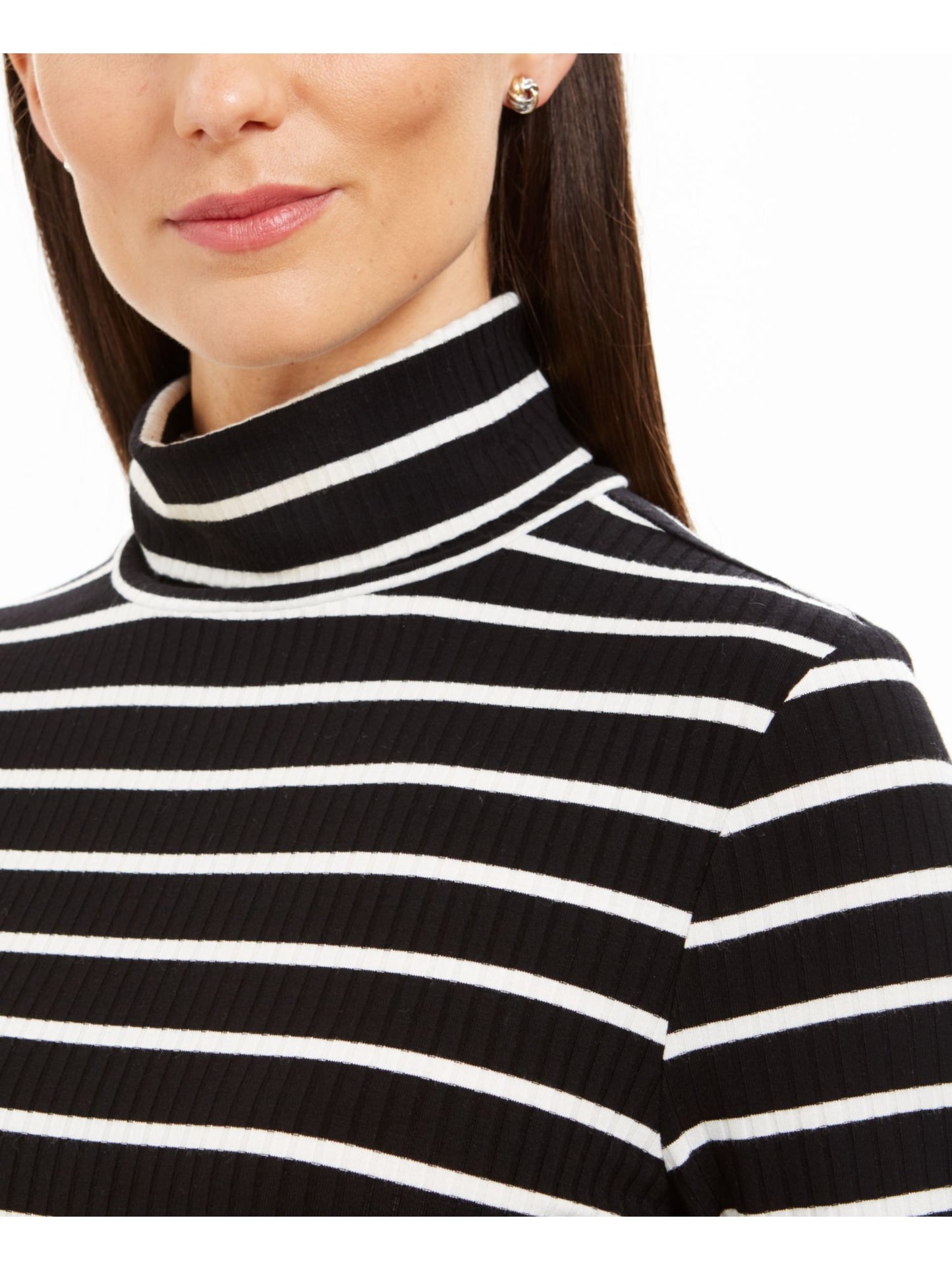 Charter Club Women's Striped Long Sleeve Turtle Neck Top Black Size Petite Large