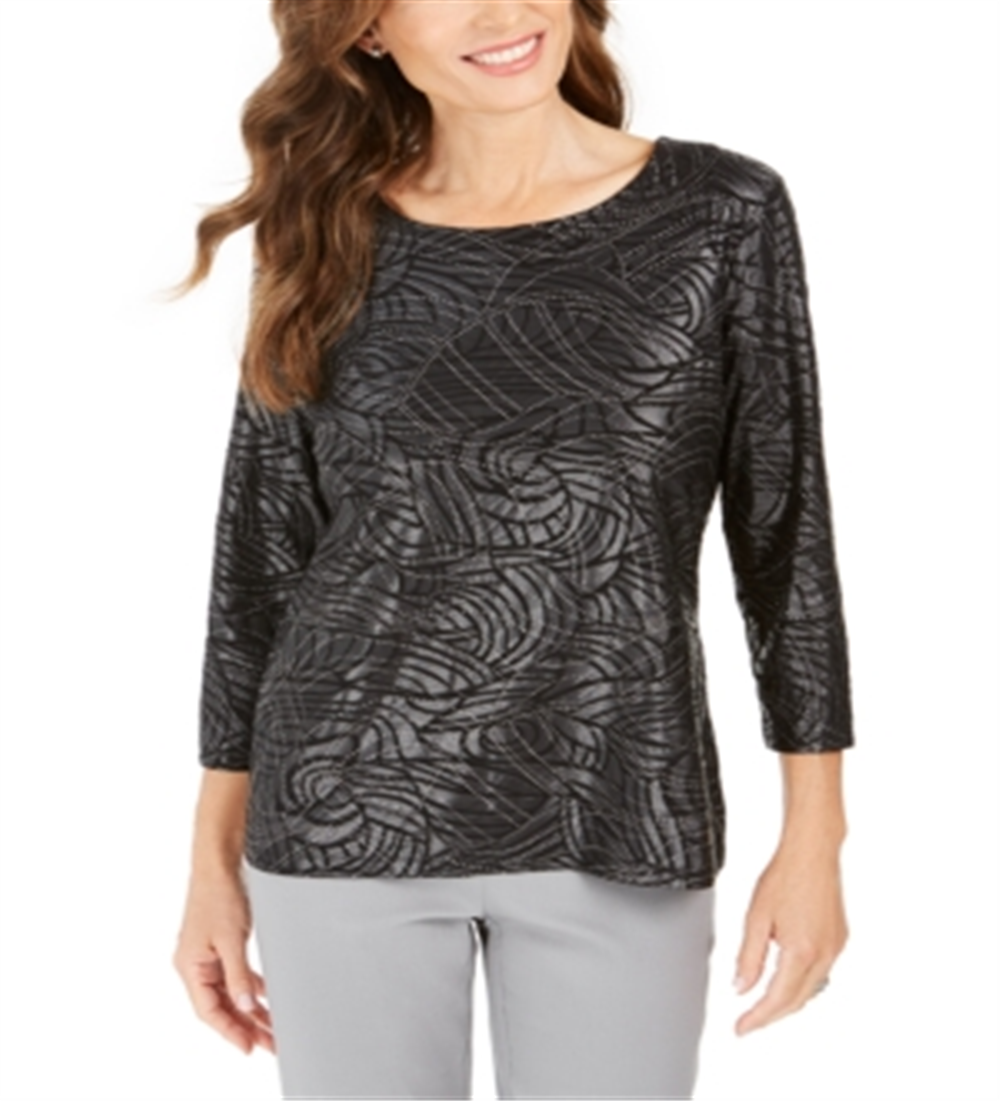 JM Collection Women's Printed Metallic Jacquard Top Black Size Petite L