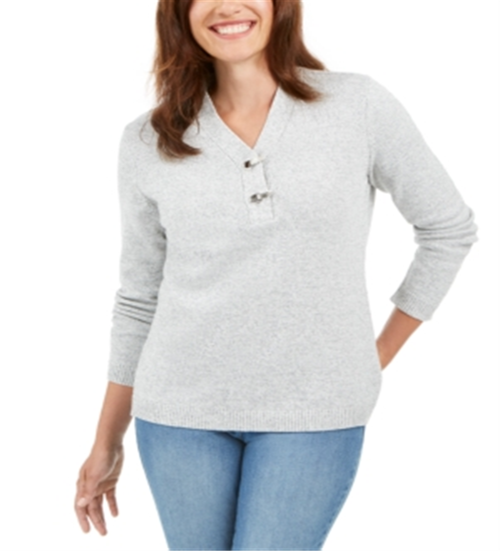 Karen Scott Women's Hardware Trim Cotton Henley Sweater Smoke Gray Size Petite S