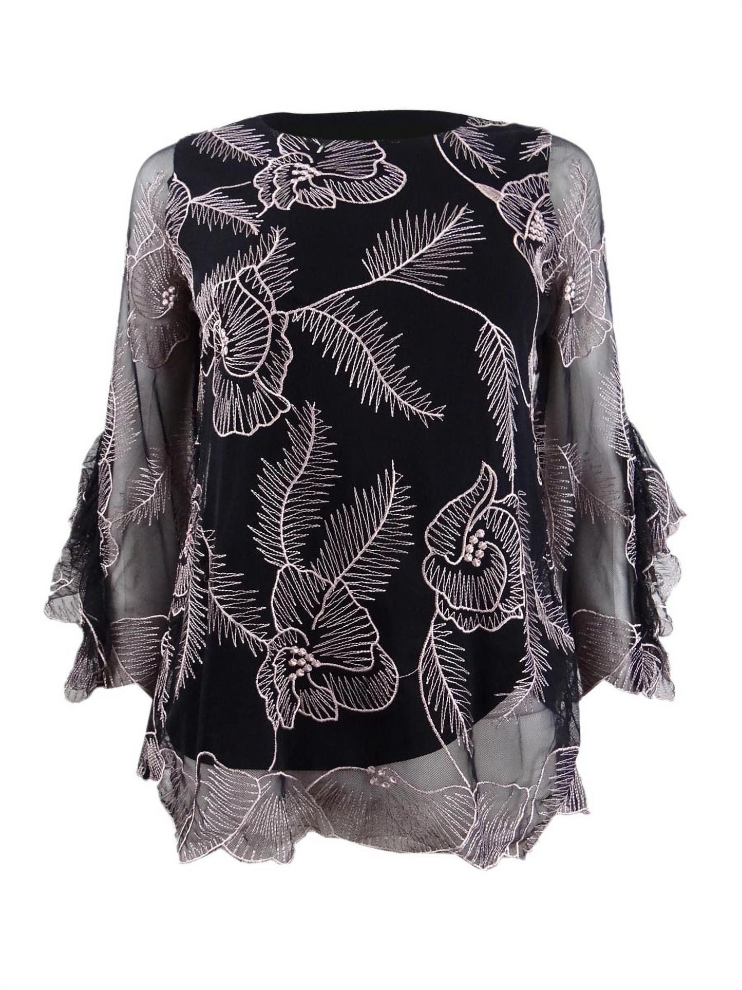 Alfani Women's Embroidered Flounce Sleeve Top Black Size Petite Large