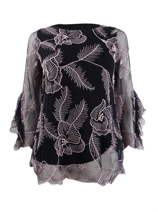 Alfani Women's Embroidered Flounce Sleeve Top Black Size Petite Large