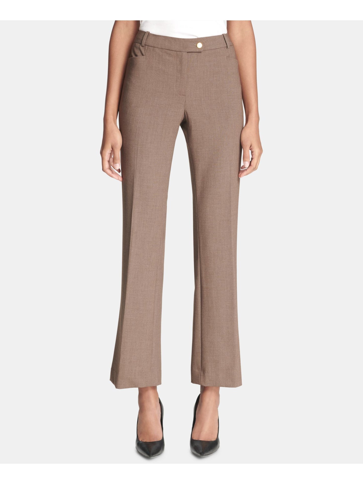 Calvin Klein Women's Zippered Pocketed Wear to Work Straight Leg Pants Brown Size 8 Petite