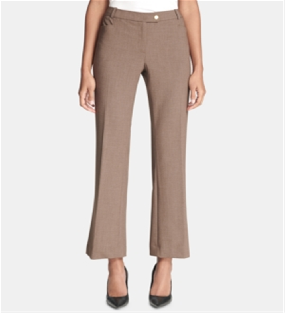 Calvin Klein Women's Zippered Pocketed Wear to Work Straight Leg Pants Brown Size 8 Petite