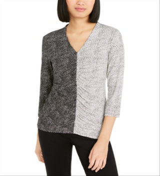Alfani Women's Mixed Print Ruched Front Top Black-White Size Petite XL