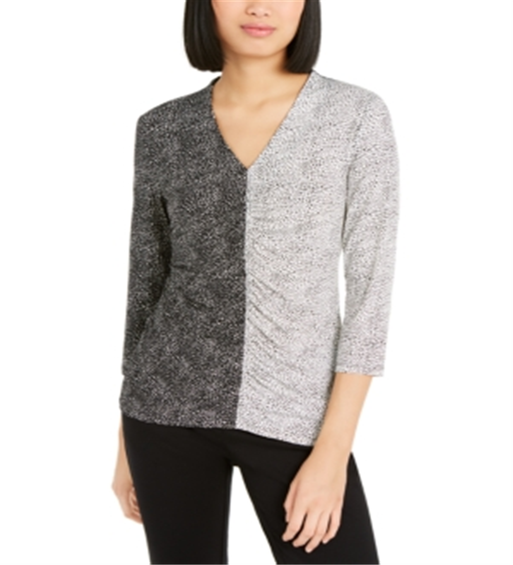 Alfani Women's Mixed Print Ruched Front Top Black Size Petite Small