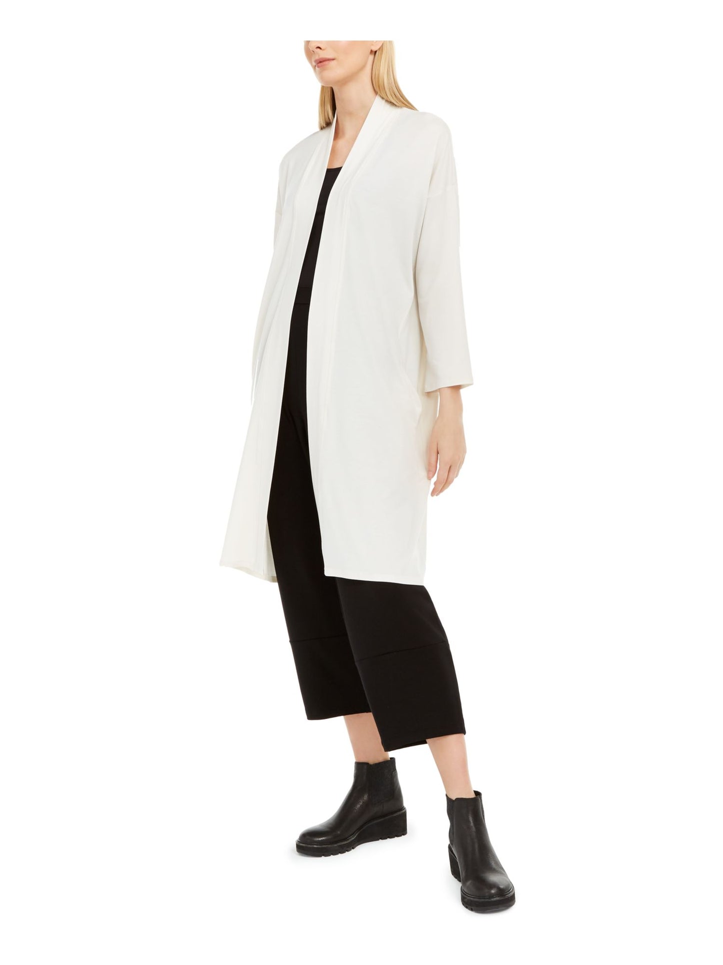Eileen Fisher Women's Heather Long Sleeve Open Cardigan Blouse Formal Sweater Beige Size Petite Medium