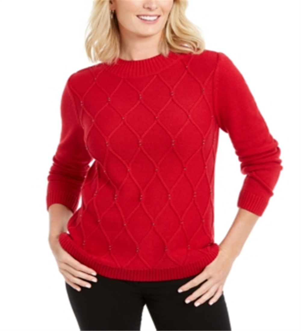 Karen Scott Women's Beaded Cable Mock Neck Sweater Red Size Medium