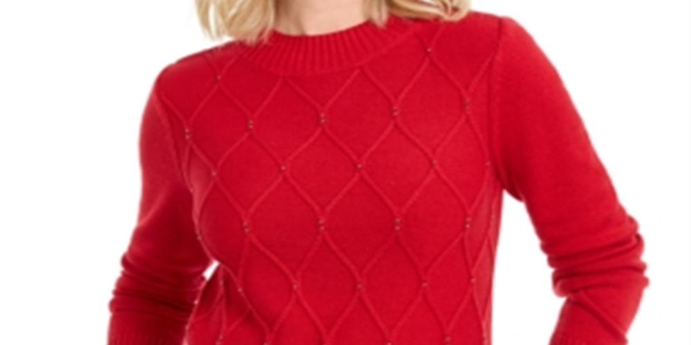 Karen Scott Women's Beaded Cable Mock Neck Sweater Red Size Medium