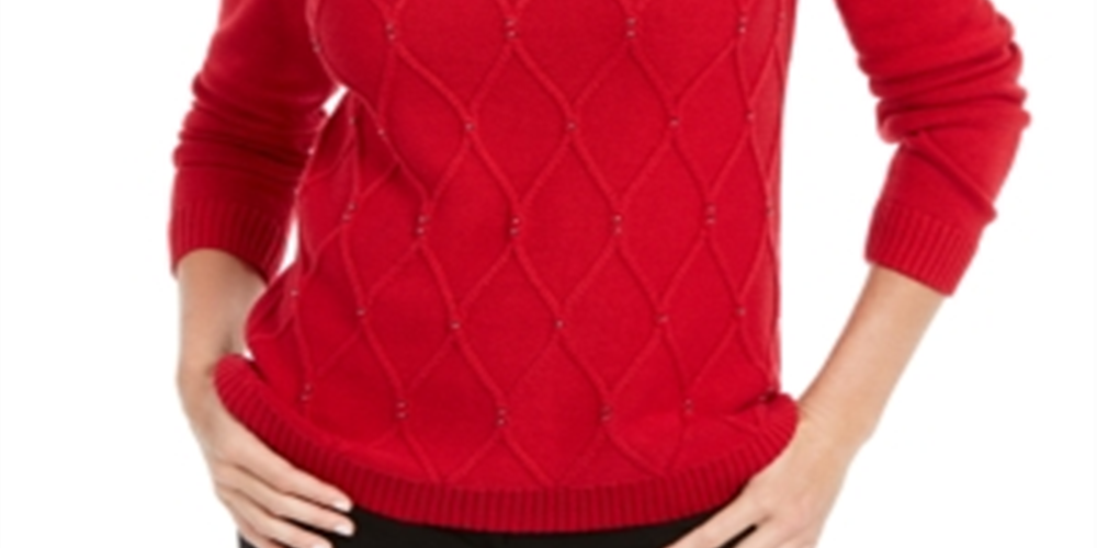 Karen Scott Women's Beaded Cable Mock Neck Sweater Red Size Medium