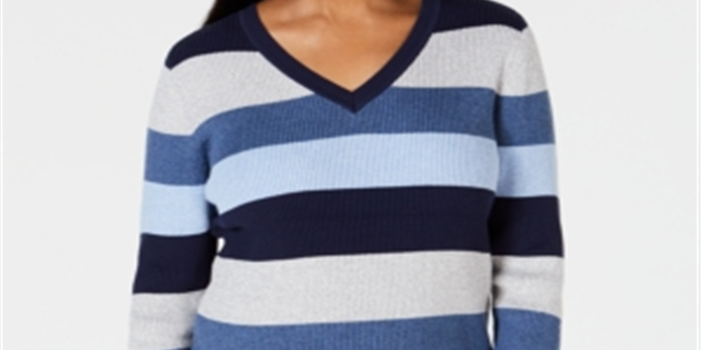 Karen Scott Women's Colorblocked V Neck Cotton Sweater Blue Size X-Large