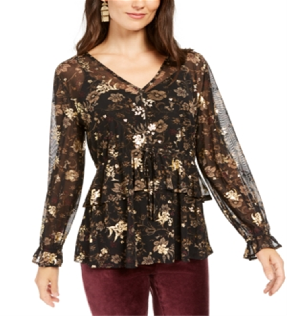 Style & Co Women's Floral Print Ruffle Mesh Top Black-Gold Size Petite M