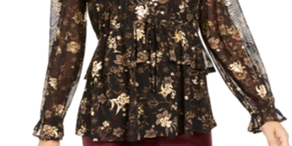 Style & Co Women's Floral Print Ruffle Mesh Top Black-Gold Size Petite M