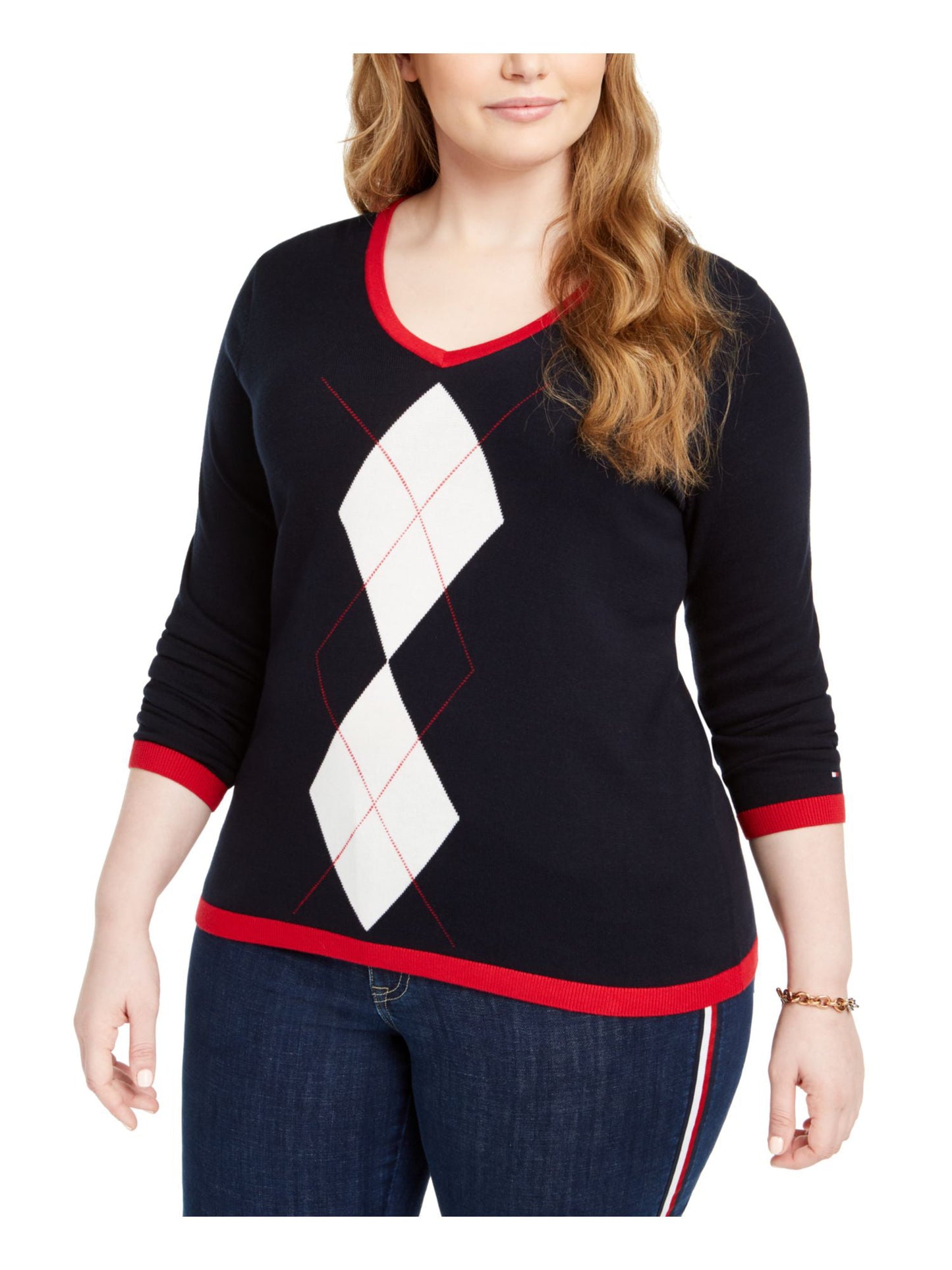 Tommy Hilfiger Women's Plus Argyle Cotton Sweater Navy Size 3X