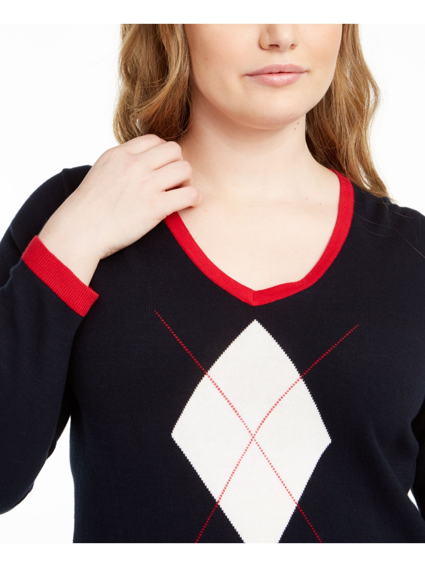 Tommy Hilfiger Women's Plus Argyle Cotton Sweater Navy Size 3X