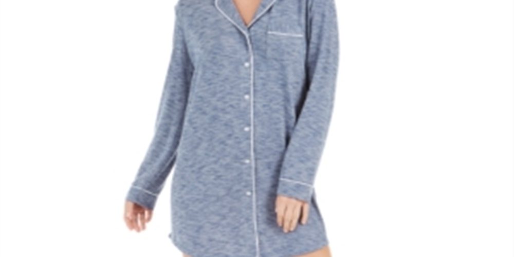 Alfani Women's Cozy Knit Button Front Sleep Shirt Blue Size XS