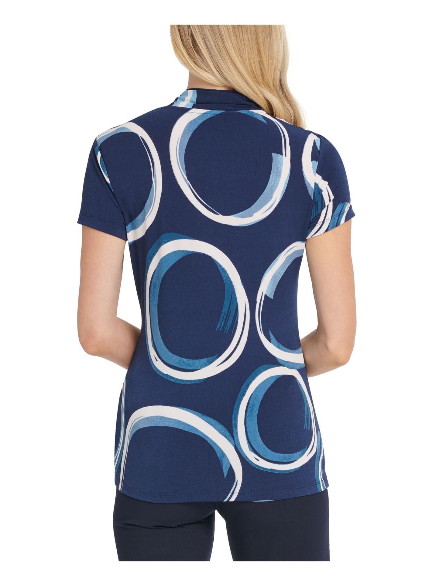 DKNY Women's Ruched Printed Short Sleeve V Neck Faux Wrap Top Blue Size XX-Large