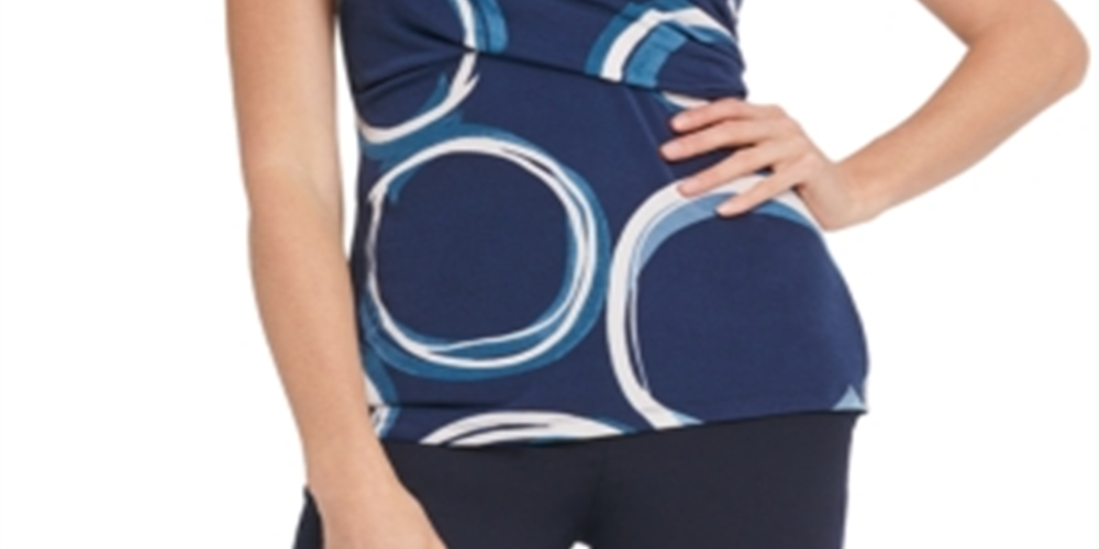 DKNY Women's Ruched Printed Short Sleeve V Neck Faux Wrap Top Blue Size XX-Large