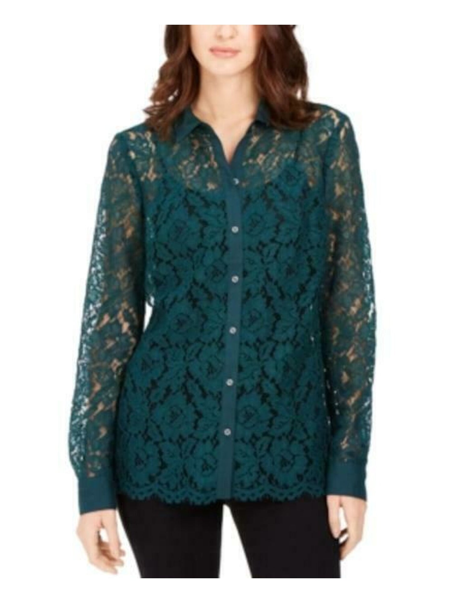 Charter Club Women's Teal Long Sleeve Collared Button up Party Top Green Size Small