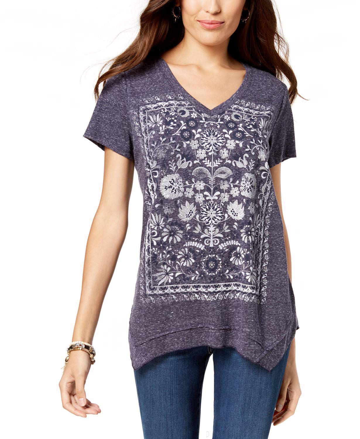 Style & Co Women's Graphic Handkerchief Hem T-Shirt Green Size PP