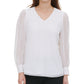 Calvin Klein Women's Solid Long Sleeve V Neck Top White Size Large