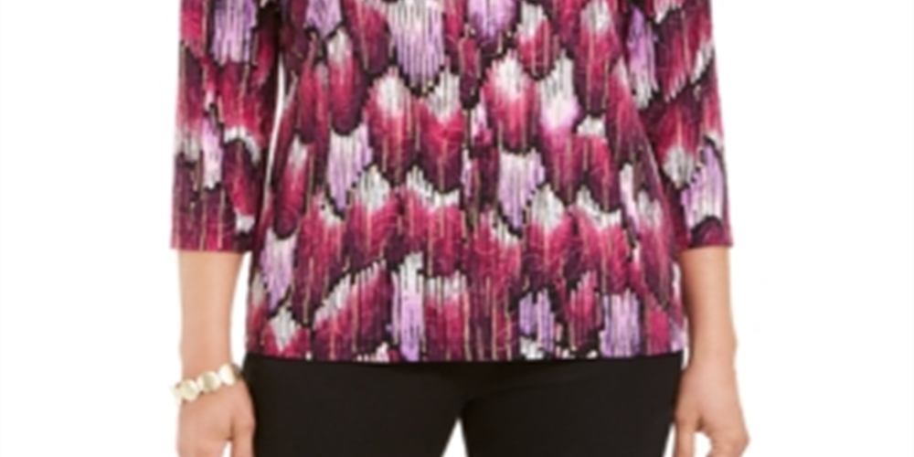 JM Collection Women's Printed 3/4 Sleeve Top Black Size X-Small