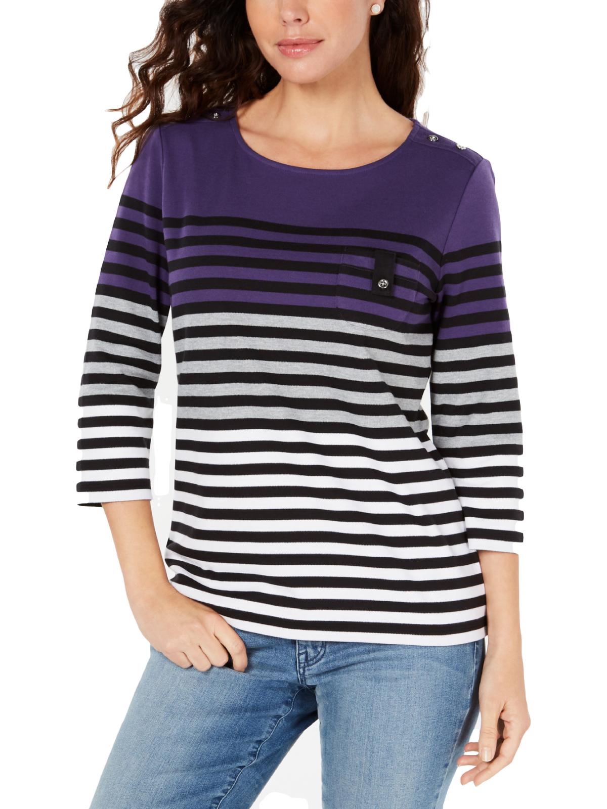 Karen Scott Women's Striped Colorblocked Top Purple/black strip Size Petite S/M