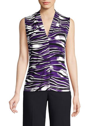 Calvin Klein Women's Sleeveless Colored Animal V Neck Blouse Purple Size -S