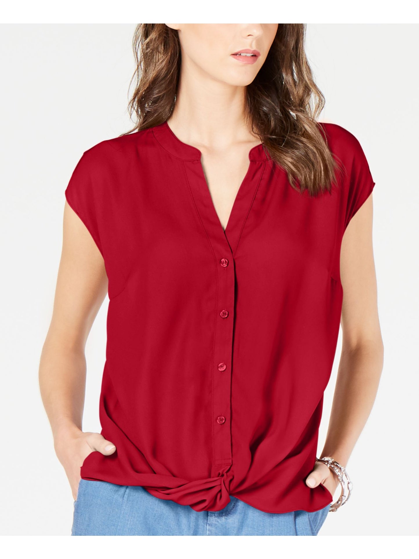 INC International Concepts Women's Chiffon Cap Sleeves Button Down Top Red Size Large