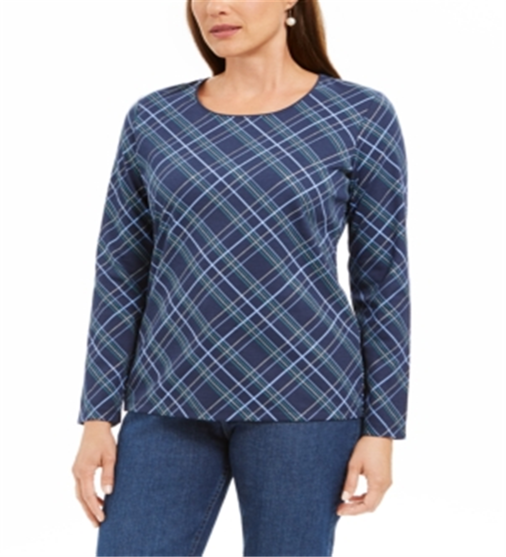 Karen Scott Women's Holly Plaid Embellished Top Blue Size XX-Large