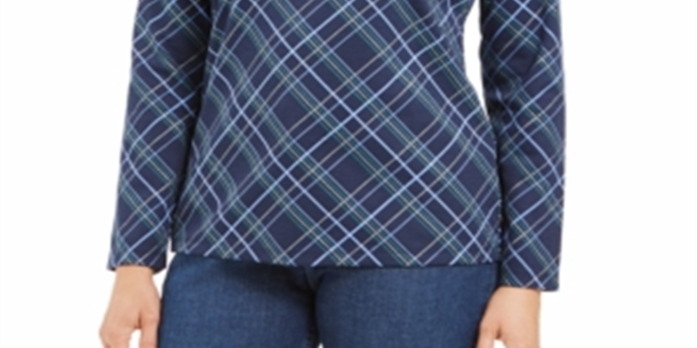 Karen Scott Women's Holly Plaid Embellished Top Blue Size XX-Large