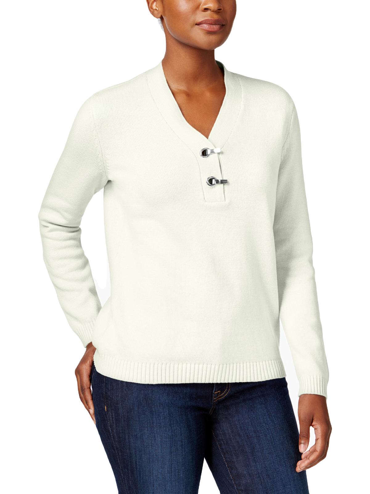 Karen Scott Women's Hardware V Neck Cotton Sweater White Size Large